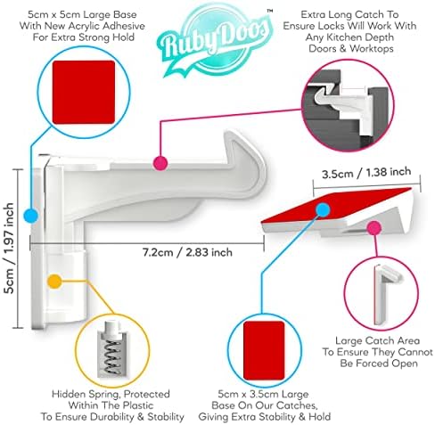 Ruby Doos® 12 Child Safety Cupboard Locks Silicone & 4 Free Corner Protectors. Cupboard Locks for Children Package. Premium 3M Adhesive. Easy Install in 30 Seconds. No Drilling Required.