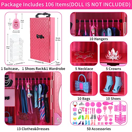106Pcs Doll Clothes And Accessories Closet Wardrobe Playset For 11.5 Inch Girl Dolls Including Wardrobe, Shoes Rack ,Suitcase, Clothes, Dresses, Swimsuits, Shoes Hangers, Necklace ,Bags #TOP1