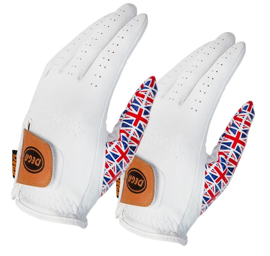 DEGA Golf Gloves 2 Pack 100% Cabretta Leather Golf Glove Men Left Hand Thumb Printed Designs (M, Union Jack Great Britain)