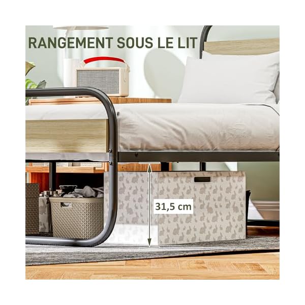 HOMCOM Cadre de lit Double 140 x 190 cm lit 2 Personnes Style Industriel avec Rangement, sommier, tête et Pied - Montage Facile, en Bois et Acier, Aspect Bois