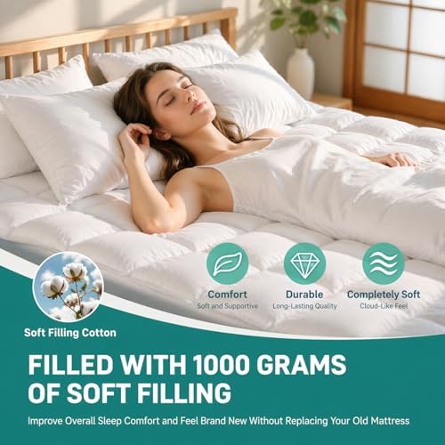 Premium Quilted 1000GSM Luxury Extra Thick Mattress Topper, King Size Cooling Mattress Pad, Overfilled Plush, Cloud-Like Comfort, Breathable, 8-21" Deep Pocket (White, King) - 1