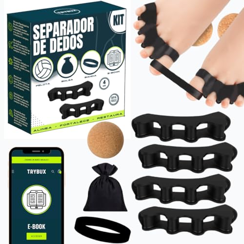 TRYBUX (2 pares) Kit Separador Dedos Pie Silicona - Separador Dedos Pie + Banda corrector de juanetes + Pelota de Ejercicio + Ebook Incluido + Bolsa Organizadora - Separadores de Dedos (Negro)