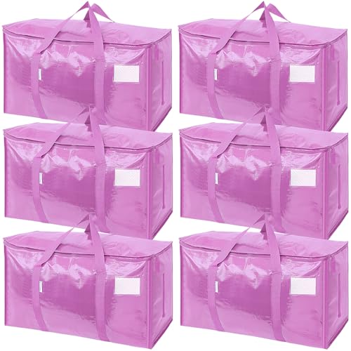 TICONN 6 Pack Extra Large Moving Bags Heavy Duty with Zippers & Carrying Handles, Durable Storage Bags Moving Boxes for Closet Organizers and Storage (6 Pack, Pink)
