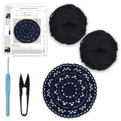 Image of picknMAKE DIY Crochet Placemat Kit for Beginners Adult - 13.75 Inch Round Black Placemat Craft Kit with Wool, 3MM Crochet Hook, Cutter & Step-by-Step Instructions - Perfect for DIY Home Decor