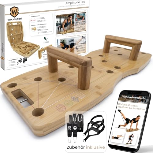Woodsport Pro Liegestützbrett/Push up Board aus Bambus für Home gym 81 cm Erwachsenengröße Klappbares Fitnessgerät für Zuhause inkl. Resistance Bands + 30-in-1 Trainingsguide