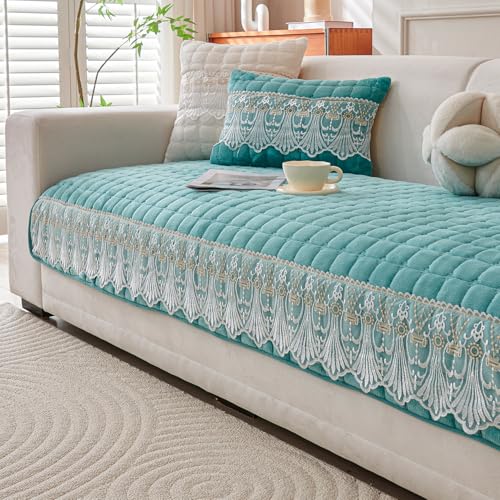 Image of HOKIPO 'BelleLace Series' Imperial Milk Velvet Sofa Cover Mat for 2 Seater Sofa, Lace Design, Teal (AR-5964-TEAL*1)