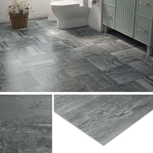 Livelynine Vinyl Flooring Self Adhesive Floor Tile Grey Wood Effect 30x30 Peel and Stick Floor Tiles Bathroom Dark Grey Stick on Floor Tiles for Kitchen Waterproof Sticky Floor Tiles Bedroom, 4 Tiles