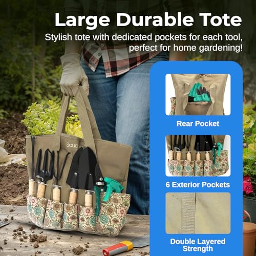 Image of Scuddles All-in-One Garden Tool Kit with Tote Bag and Claw Garden Gloves | Stainless steel hand tools, claw gloves and reinforced tote for planting, pruning, digging and garden maintenance
