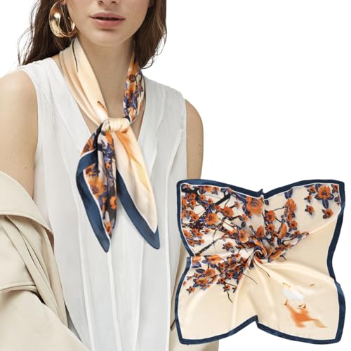 EXTREE Silk Feeling Scarf Medium Square Satin Head Scarf Sleeping Hair Wrapping for Women 27.5 × 27.5 inches Beige Blue Plum Blossom
