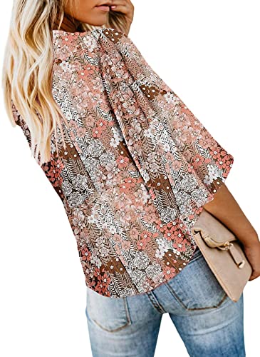 Bluetime Womens Summer Tops Boho 3/4 Sleeve V Neck Tie Front Shirts Casual Floral Blouses2