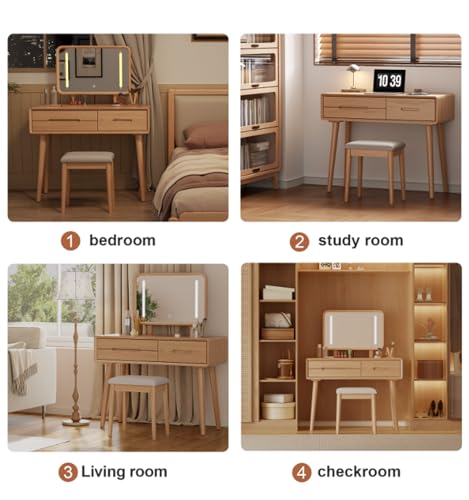 Image of KungFuWood Solid Wood Vanity Desk with Mirror and Lights,Adjustable Height and 3 Lighting Modes, Makeup Vanity with 3 Drawers,Easy Assemble Vanity Table,Dressing Table for Women Bedroom