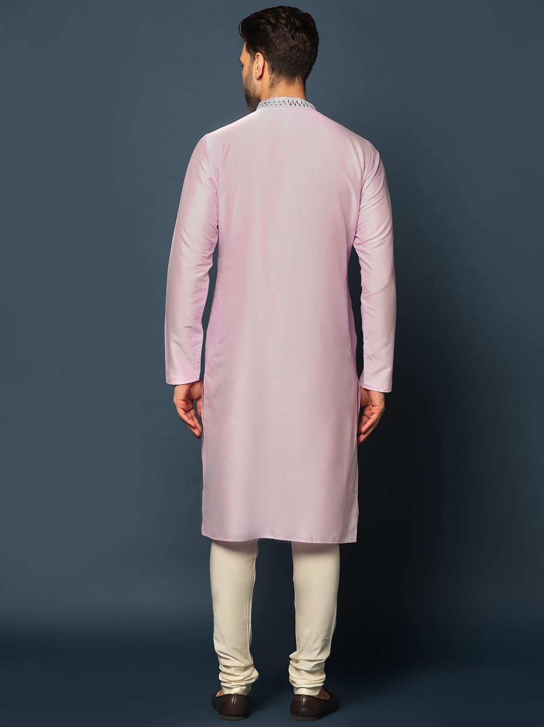 KISAH Men's Kurta – Mirror Work Embroidery Cotton Blend Tunic with Mandarin Collar, Regular Fit – Indian Wedding Outfit for Men – Festive Wear for Diwali, Eid & Celebrations, Lilac, 44