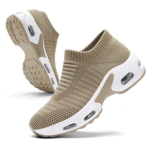 MRIP Women Walking Shoes Mesh Sneakers for Shoes for Slip on Sock Sneakers Women Nurse Loafers Light Weight Air Cushion Running Work Shoes Brown