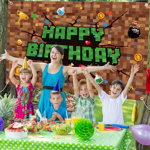 Image of Pixel Happy Birthday Backdrop, 106x71in /270x180cm Pixel Theme Party Decorations Video Game Banner Backdrop for Gaming Birthday Decor