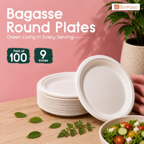 Image of Bonkaso 9 Inch, Pack of 100 Bagasse Disposable Round Plates (Beige)| Eco-Friendly Sugarcane Paper Plates | Biodegradable, Compostable & Sturdy | Ideal for Snacks, Desserts, Parties, Weddings & Events