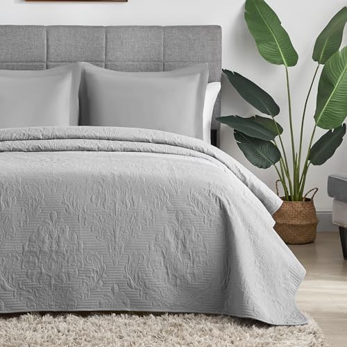 Hansleep Grey Quilt Twin Size - Damask Ultrasonic All Season Bedspread Twin, Soft Lightweight Coverlet Bedding Set, 2 Pieces (1 Quilt, 1 Pillow Sham)