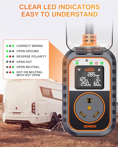 Image of GEARGO New-Gen RV Surge Protector 30 amp with Bluetooth & APP, 15000J Circuit Analyzer with Large LED Screen, Real-Time Monitoring, IP68 Waterproof with Protective Cover for RV Camper Travel Trailer