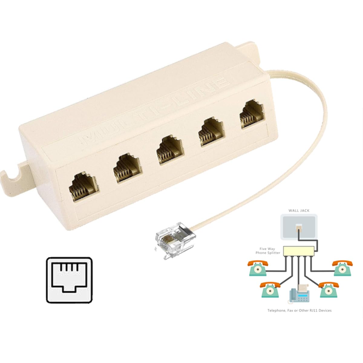 Adapter 5-kierunkowy gniazdko 6P4C RJ11 RJ12 telefon modułowy adapter rozdzielacza liniowego beżowy 1-w-5-out