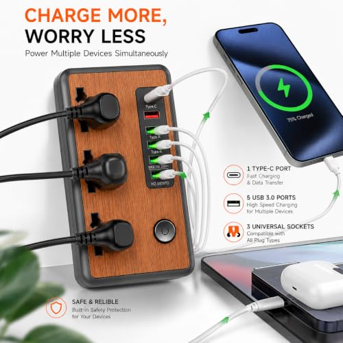 Image of MD Proelectra Premium Wooden Finish Extension Board with 3 Universal Sockets, 5 USB Ports, 1 Type-C, 2500W Power Strip with LED Display and Master Switch, Multi Plug Board for Home & Office