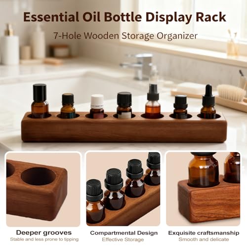 Image of VolksRose Natural Wenge Wooden Essential Oil Holder for 5-20ml Bottles - 7 Hole Compact Storage Stand for Travel, Aromatherapy Organizer and Display Rack for Bathroom, Beginners, Oil Enthusiasts
