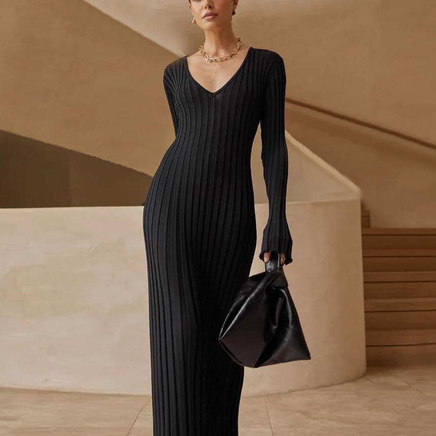Image of Women's Long Knit Crewneck Sweater Dress Tie Waist A-Line Swing Pleated Bodycon