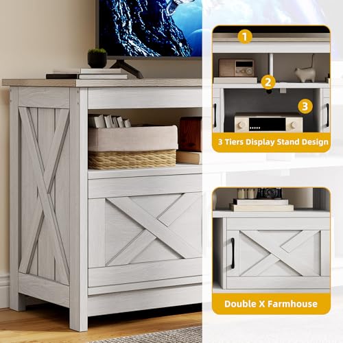 DWVO Farmhouse TV Stand for Television up to 65 Inch, Entertainment Center with Power Outlets and Open Shelf, Rustic TV Cabinet Media Console Table for Living Room, Grey White/Grey Wash, 59 Inches