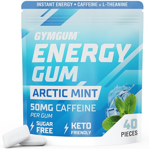 GYMGUM Energy Caffeine Gum | 50mg Caffeine | Sugar-Free, Keto-Friendly | Fast-Acting Energy & Focus Gum with Guarana & L-Theanine (40 Count, Arctic Mint)