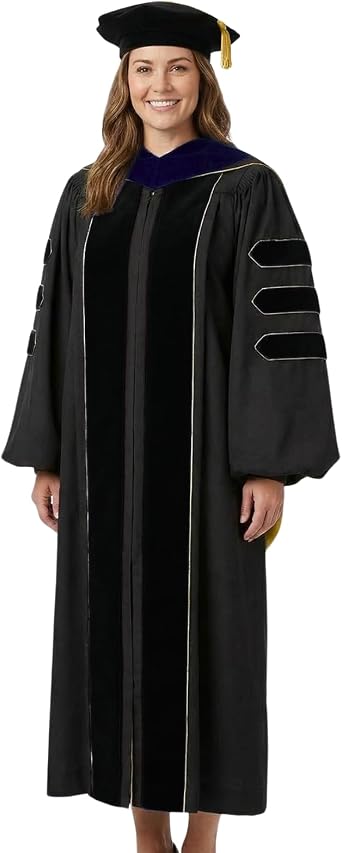 Doctoral Regalia Set with PhD Hood and 8-Side Tam Graduation Gown with Gold Piping and Velvet Trim Ceremony Attire