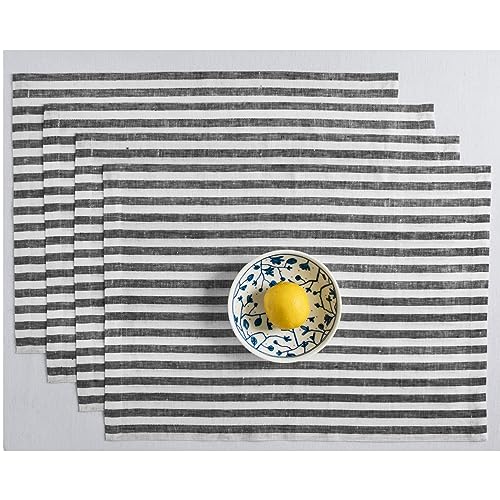 Image of Solino Home 100% Pure Linen Placemats, 14 x 19 in, Black Striped, Set of 4