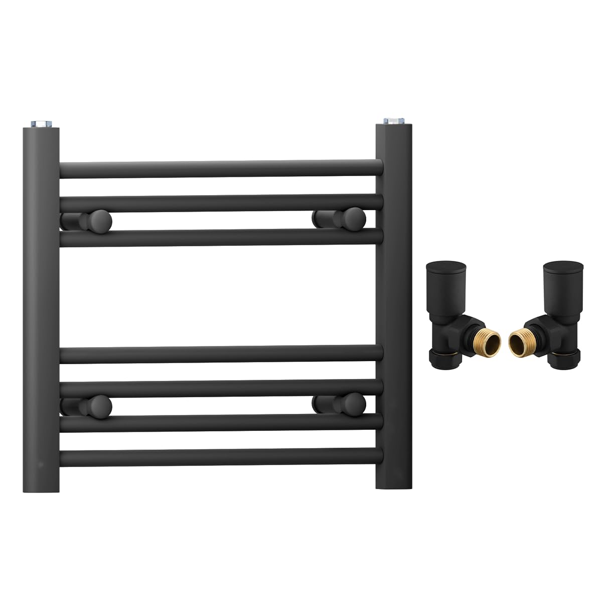 600mm Wide Straight Black Heated Bathroom Towel Rail Radiator With Valves For Central Heating UK (With Black Angled Valves, 600 x 400mm (h))