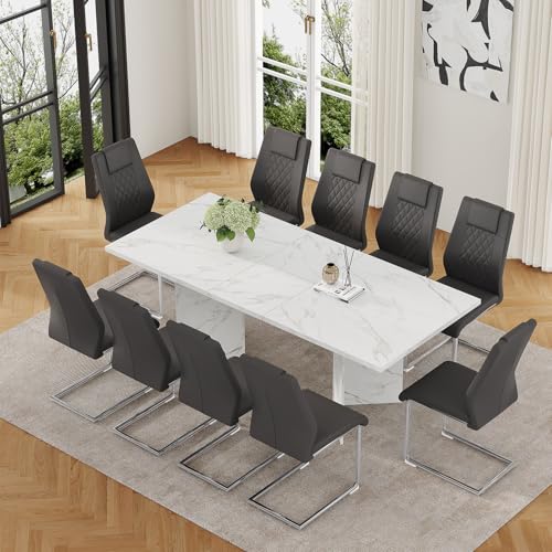 Dining Table Set for 10, 63”-79” Extendable White Faux Marble
