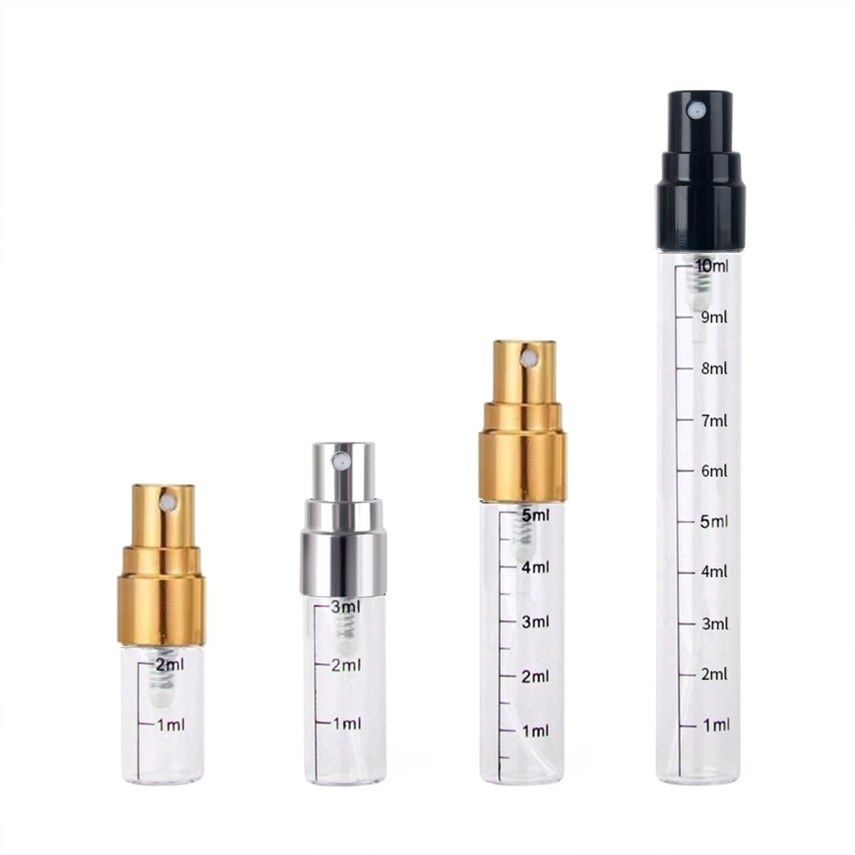 50 100 szt. 2 ml – 10 ml butelek perfum do wielokrotnego napełniania, pusty zestaw butelek z rozpylaczem ze stopniowanymi oznaczeniami, pojemnik na kosmetyki (miks, 50 szt., 2 ml)