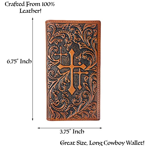 Urbalabs Western Cowboy Leather Long Wallets for Men Checkbook Tooled Wallet Tri Cross Bifold Long Cowboys Billfold Hand Stitched Rodeo RFID Blocking Mens Long Wallet Rodeo Style Cowboy Up (Brown)2