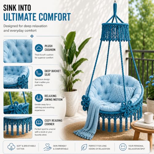 Image of Premium King Size Hammock Chair Swing with Cushion, 200kg Capacity | Indoor Outdoor Heavy Duty Adults & Kids Hanging Jhula for Home, Garden, Patio & Balcony | 1 Year Warranty (Sky Blue)