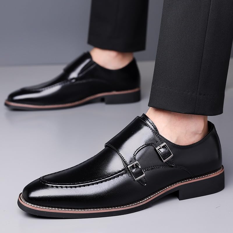 Dress Oxford Shoes for Men Double Monk Leather Prom Slip-on Pointed Toe Prom Non Slip Anti-Slip Shoe 5