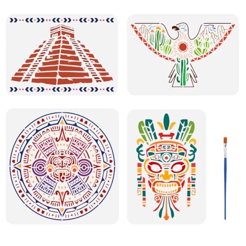 FINGERINSPIRE 4Pcs Pochoir à Motif Aztèque Avec Pinceau 4 Styles de Pochoirs de Peinture à Thème Tribal Réutilisables Pet Style Tribal Décoration...