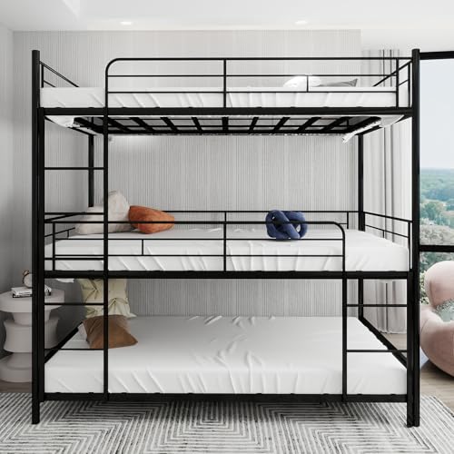 A ALFRESCOOL Cama triple 92x192cm x3, Litera, Cama Triple Pesada, Cuna, Barandilla Continua de Escalera Integrada, Dormitorio/Dormitorio, Sin muelles Necesario (Negro)