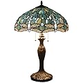 WERFACTORY Tiffany Lamp Sea Blue Stained Glass Bedside Table Lamp Dragonfly Style Desk Reading Light Metal Base 16X16X24 Inches Decor Bedroom Living Room Home Office S147 Series