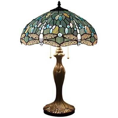 WERFACTORY Tiffany Lamp Sea Blue Stained Glass Bedside Table Lamp Dragonfly Style Desk Reading Light Metal Base 16X16X24 Inches Decor Bedroom Living Room Home Office S147 Series