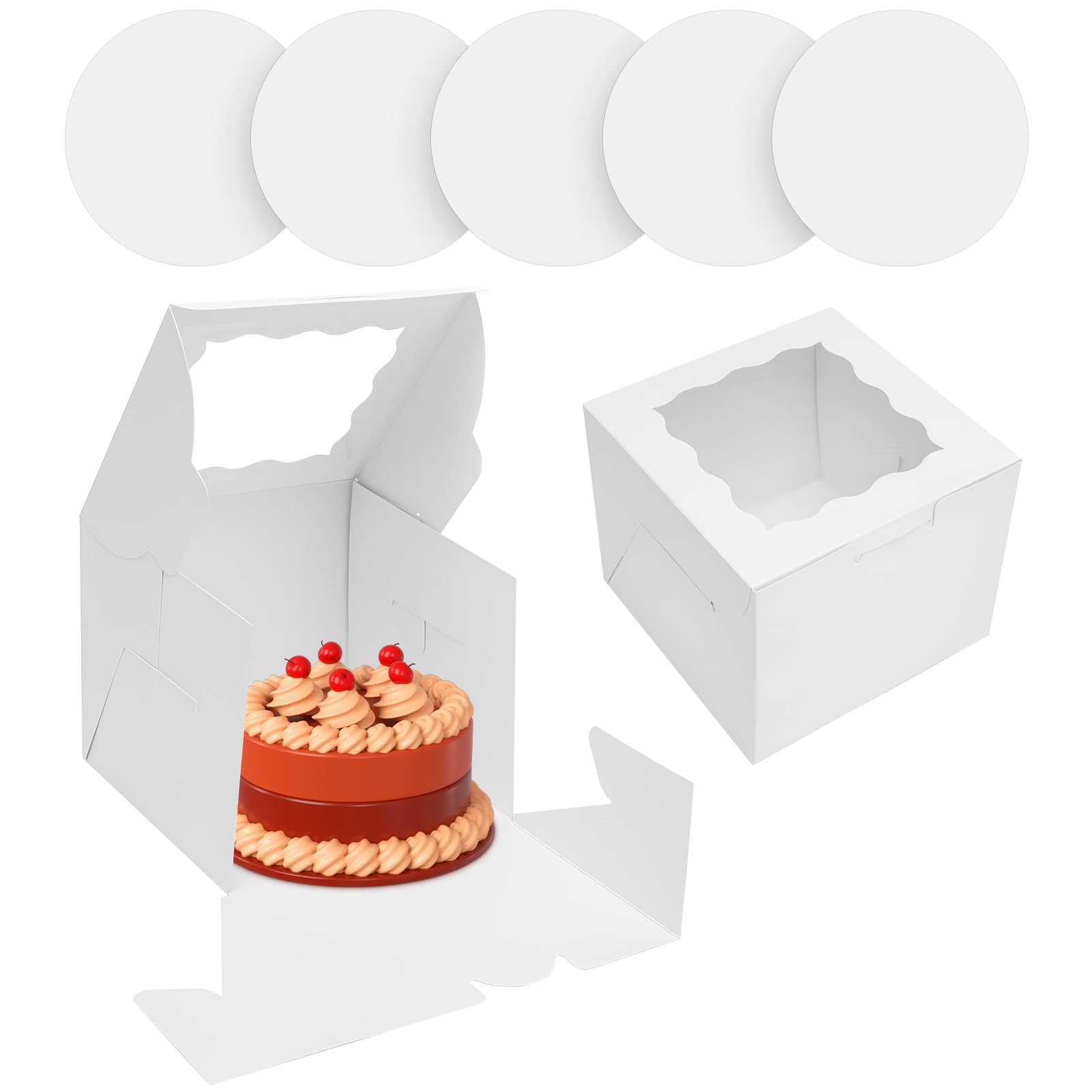 saerryor 8 Pcs White Cake Boxes with Window & 8 Pcs 6 Inch Round Cake Boards, Cardboard Square Baking Boxes Cakes Containers for Bakery Cookies Dessert Wedding Birthday Party, 6x6x5 Inch