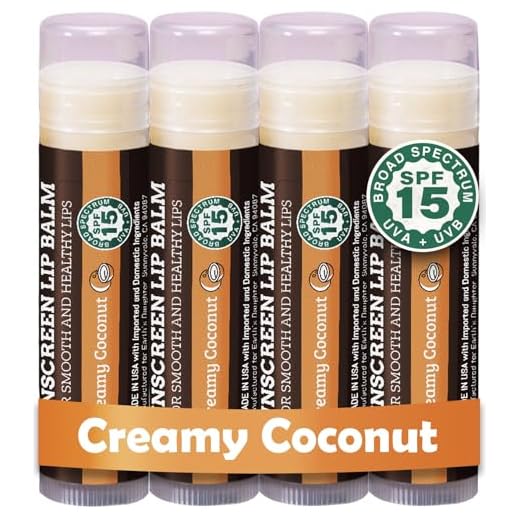SPF Lip Balm 4-Pack by Earth's Daughter - Lip Sunscreen, SPF 15, Organic Ingredients, Coconut Flavor, Beeswax, Coconut Oil, Vitamin E - Hypoallergenic, Paraben Free, Gluten Free, New