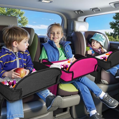 Image of 3Pcs Kids Travel Tray, Kids Travel Trays for Car Seat, Road Trip Essentials for Toddler, Carseat Lap Tray with Dry Erase Board & Storage Organizer for Road Trip Activities for Kid, 2Black+1Pink