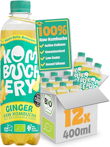 KOMBUCHERY® Ginger Raw Kombucha BIO | 12 x 400ml | Fermentierter Tee mit aktiven Darm-Kulturen | Zuckerarm & Kalorienarm | Unpasteurisiert, Probiotisch, Vegan, Testsieger | inkl. 3€ PFAND