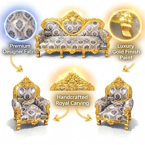 Image of Royal Carved Sofa Set | 3+1+1 Seater + Center Table Without Mirror| Antique with Floral Upholstery | Victorian Style Living Room Furniture Sofa Set Luxury Gold Finish 4-Piece