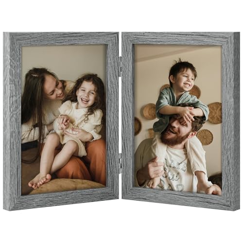 decorUhome Double 5x7 Picture Frame Vertical, Engineered Wood Bifold Photo Frame with Plexiglass for Tabletop Display, 5x7, Grey