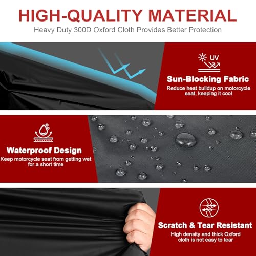 Dream Apparel Motorcycle Seat Cover Sun Shade Waterproof Outdoor Rain Dust Protection Universal Fit Heavy Duty Windproof Motorbike Vehicle Cover with Storage Bag, Black, Size L