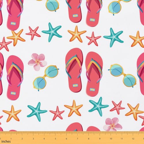 Cartoon Flip Flops Fabric by The Yard,Hawaii Sunglasses Upholstery Fabric for Girls,Tropical Colorful Coastal Animal Starfish Decorative Fabric,Summer Ocean Vacation DIY Waterproof Fabric,10 Yards