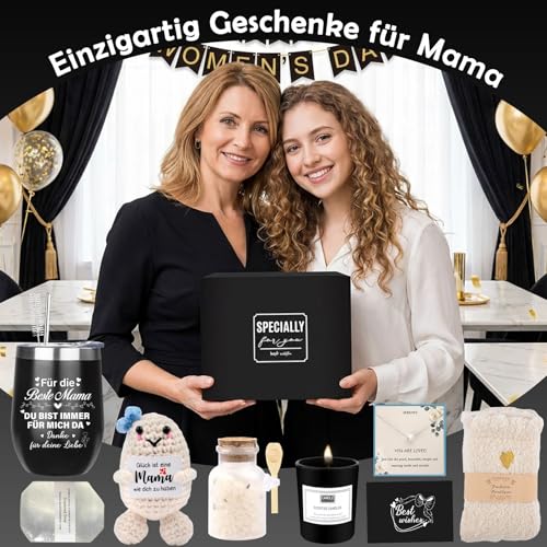Geschenke für Mama, Geburtstagsgeschenk für Mama, Ostern Muttertag Geschenk für Mutter, Beste Mama Geschenk, Thermobecher mit Stroh & Bürste, Halskette Socken Badesalz Seife Gehäkelte Geschenkset