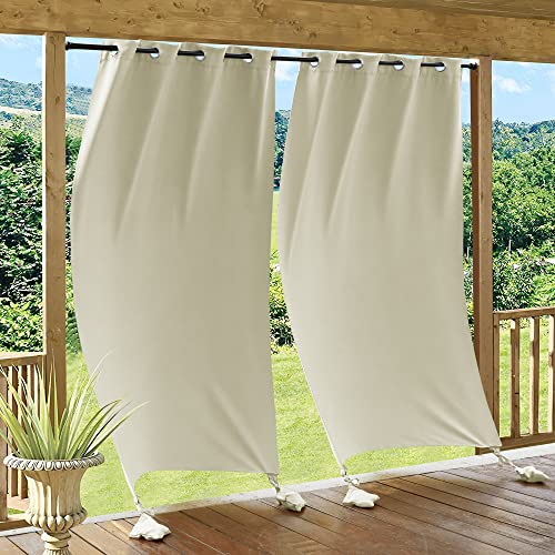 RYB HOME Windproof Curtains Outdoor - Waterproof Blackout Curtain with Weighted Bags, Sun Protection Durable Draperies for Patio, Gazebo, Outdoor Living Workout Areas, W 52 x L 84, 2 Pcs, Natural