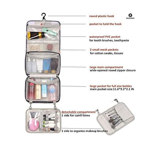 Toiletry Bag for Women, Large Hanging Travel Makeup Bag Water-resistant for Toiletries/Cosmetics/Brushes - Gray - Image 4